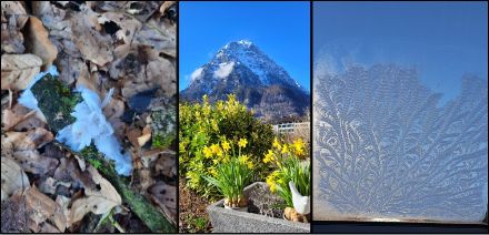Schnee und Eis...heute Sonntag auf der sonnigen und föhnigen Alpennordseite höchstens in der Ferne/Höhe oder in Spezialformen (Haareis, Eisblumen) ein Thema. Bilder aus Kestenholz (links) und Glarus (Mitte/rechts). 