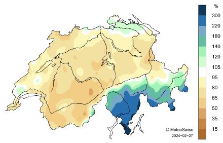 Schweizerkarte zur Niederschlagsverteilung im Februar 2024.