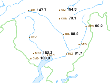 24-stündige Niederschlagsmengen [mm] im Nordtessin und im Misox zwischen dem 14. Februar 1925 07.30 Uhr und dem 15. Februar 1925 07.30 Uhr. Die gemessenen Mengen von 182 mm in Mosogno und  rund 150 mm in Airolo und Olivone gehören zu den höchsten 24-stündingen Niederschlagsmengen in der Schweiz im Monat Februar seit Messbeginn.