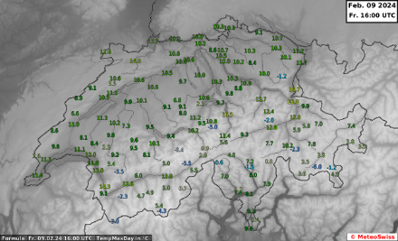 Tageshöchsttemperatur [°C] in der Schweiz heute, den 09. Februar 2024, bis 16 UTC. Im Urner Reusstal und im St. Galler Rheintal war es wegen des Föhns mit bis 17 Grad eindeutig am wärmsten.