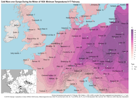 Tiefsttemperaturen vom 9. bis 17. Februar 1929.