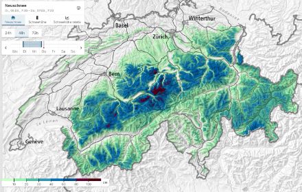 48h-Neuschneesumme von Dienstag 7 Uhr bis Donnerstag 7 Uhr. Am Alpennordhang fielen oberhalb von rund 1000 Metern verbreitet 20 bis 50 cm, in höheren Lagen teils deutlich mehr Neuschnee. 