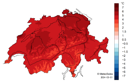 Schweizerkarte zur Februartemperatur 2024.