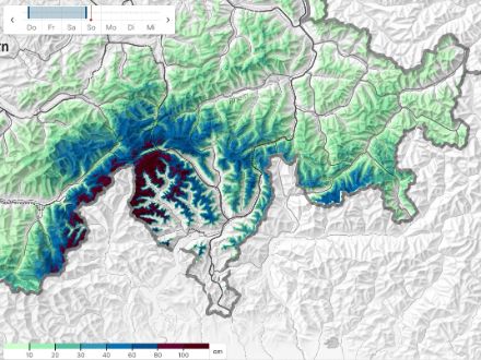 Neuschneemengen der letzten 72 Stunden: Oberhalb von 1800 bis 2000 Metern sind im westlichen Tessin, in der Simplon-Region sowie im Saastal teils über 100 cm gefallen.