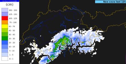 12-stündige Neuschneemengen zwischen dem 02.03.2024 um 18:00 Uhr und dem 03.03.2024 um 06:00 Uhr. (Inka-Analyse, MeteoSchweiz)
