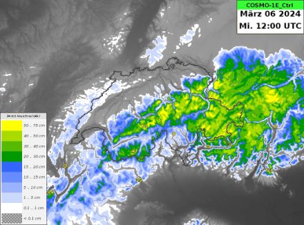Neuschneeprognose von Dienstag- bis Mittwochmittag, basierend auf dem COSMO-1E Model.