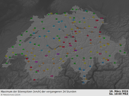 Karte mit Windspitzen zwischen Samstag- und Sonntagvormittag. 
