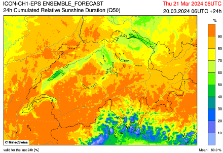 Median der relativen Sonnenscheindauer nach der ICON-CH1 Ensembleprognose für den Mittwoch, 20.03.2024. Quelle: MeteoSchweiz