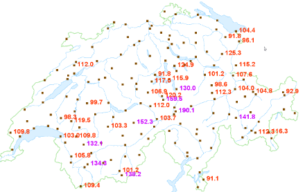 Maximale Böenspitzen von Karfreitag bis Sonntagmittag. Dargestellt sind nur Stationen mit Böen von mindestens 90 km/h. Das Maximum in den Niederungen lag bisher an der Station Altdorf im Reusstal mit 130 km/h, auf den Bergen an der Station Gütsch ob Andermatt mit 190 km/h. 