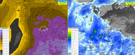 Modellprognosen des IFS (ECMWF): Geopotential und Temperatur auf 500 hPa (links), Bodendruckfeld und 12h-Niederschlagssumme (rechts) am 26.03.2024, 12 UTC.