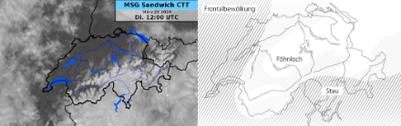 Satellitenbild (sichtbarer Kanal MeteoSat) über der Schweiz am 26.03.2024 um 12 UTC (links) und die typische Verteilung der Bewölkung nach Lehrbuch (rechts).