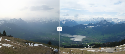 Blick vom Wildspitz (SZ/ZG) Richtung Südosten zu den Alpen (im Vordergrund der Lauerzersee). Links die Aufnahme um 8 Uhr mit der vorübergehend deutlichen Sichttrübung, rechts die Aufnahme um 12 Uhr. 