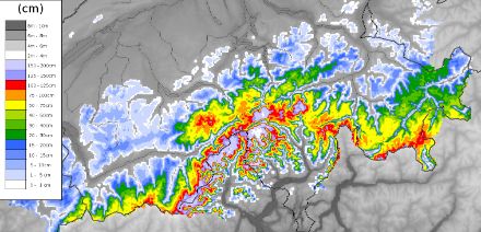 Karte der Schweiz mit Neuschneemengen.