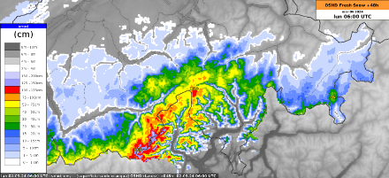 Karte der Schweiz mit Neuschneemengen.
