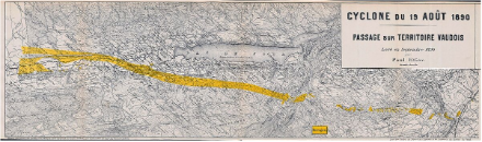 Zugbahn des Tornados vom 19. August 1890 im Waadtländer Jura gemäss Paul Etier. Die betroffene Fläche ist an sich nur klein, aber die Zerstörung  praktisch komplett. Auch massive Steinhäuser wurden arg demoliert oder gar total zerstört.