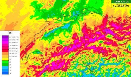 Vorhergesagte Böenspitzen (Knoten, 1 Knoten = 1.852 km/h) gemäss dem Modell ICON_CH2 für morgen Karfreitag, den 28. März 2024. Speziell am Alpennordhang werden verbreitet hohe Windgeschwindigkeiten erwartet.