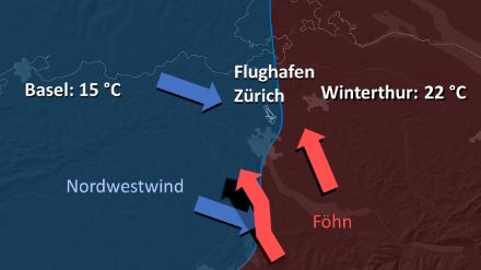 Situation am Karfreitag um 14 Uhr. Die aus Nordwesten vorrückende kühlere Luft liess den Föhn im Mittelland im wahrsten Sinne abheben. Dieser Ablauf wurde jedoch erst für den Abend erwartet.