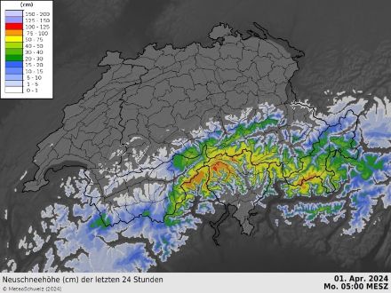 Neuschneemengen während der intensivsten 24 Stunden des Ereignisses. Im oberen Maggiatal wurden lokal 100 cm Neuschnee in 24 Stunden überschritten.