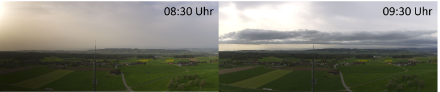 Blick vom «Napoleonturm Hohenrain» im Thurgau (südlich des Untersees) mit Blick Richtung Südosten. Links ist der Saharastaub noch gut erkennbar, rechts eine Stunde später hat die kältere Luft mit dem Westwind die Staubkonzentration ausgedünnt. Dazu haben sich noch Stratocumuluswolken gebildet.