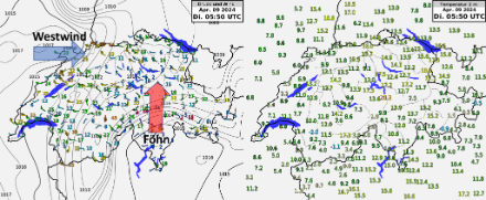 Situation um 7:50 Uhr: Links die Isolinien des Bodendruckfeldes und die Windfieder mit den Böenspitzen in kt, rechts die Temperaturverteilung (gemessen auf 2 m).