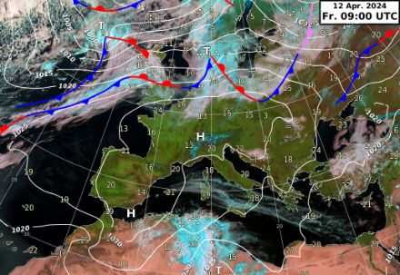 Bodenwetterkarte heute 11 Uhr, das Hoch bestimmt über weiten Teilen Europas das Wetter. Nördlich des Hochs ziehen in der Westströmung Tiefdruckgebiete und Fronten über Nordeuropa hinweg. 