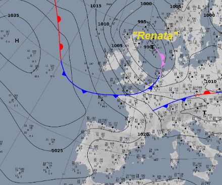 Bodenwetterkarte mit Isobaren und Fronten, 14 Uhr. Eine Kaltfront hat heute die Schweiz erreicht. Tief "Renata" führt eine weitere Kaltfront in der Nacht auf Dienstag zur Schweiz.