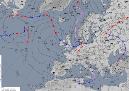 Bodenanalyse mit Fronten von Freitag, 19. April 2024 um 6 UTC. 