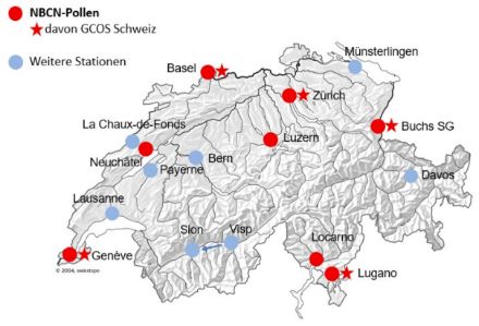 Das Schweizer Pollenmessnetz «Swiss Pollen» mit der Auswahl der acht NBCN-Pollen Stationen. Fünf der Stationen gehören gleichzeitig zu GCOS-Schweiz, dem Global Climate Observing System Schweiz.