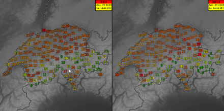 Die zu erwartende Höchsttemperaturen gemäss den Prognosemodellen von MeteoSchweiz Samstag (links) und Sonntag (rechts). 