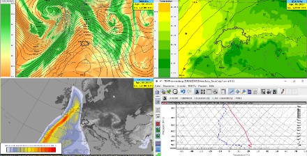 Wettersituation am Samstag, 6. April 2024 um 12 UTC. Oben links: relative Luftfeuchtigkeit auf 500 hPa (die orangen Farbtöne deuten an, dass die Luft über der Schweiz sehr trocken ist); oben rechts: Temperatur auf 850 hPa; unten links: optische Dichte des Staubs im Bereich von 550 nm Wellenlänge; unten rechts: Vorhersagetemp für den Gitterpunkt Zürich (Temperatur in rot, Taupunkt in blau und Wind). 