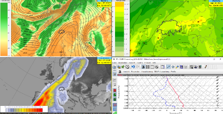 Wettersituation am Sonntag, 7. April 2024 um 12 UTC. Oben links: relative Luftfeuchtigkeit auf 500 hPa (die orangen Farbtöne deuten an, dass die Luft über der Schweiz sehr trocken ist); oben rechts: Temperatur auf 850 hPa; unten links: optische Dichte des Staubs im Bereich von 550 nm Wellenlänge; unten rechts: Vorhersagetemp für den Gitterpunkt Zürich (Temperatur in rot, Taupunkt in blau und Wind).