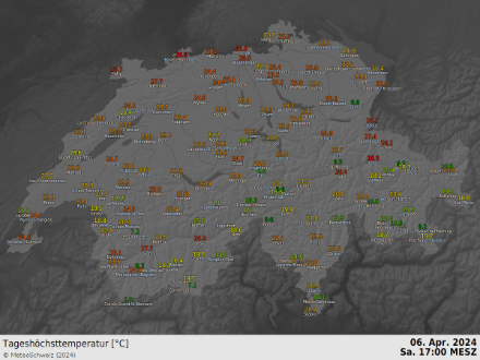 Temperaturmaxima vom Samstag 6. April 2024 bis 17 Uhr