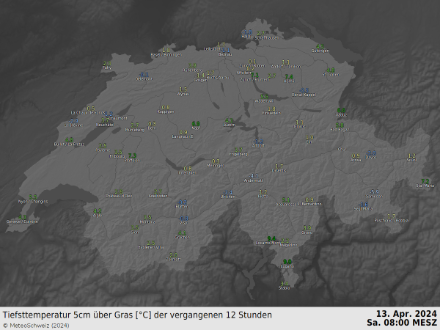 Karte der Schweiz mit Temperaturen.