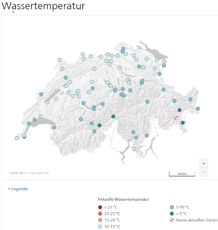 Karte der Schweiz mit Wassertemperaturen