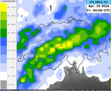Abbildung 6: Berechnete 72-stündige Neuschneesummen bis Freitag 19.04. 00 UTC vom Globalmodell IFS-HRES.