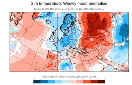 Abbildung 2: Berechnete 7-tägige Abweichung der 2m-Temperatur aus dem ECMWF-Ensemble für die Zeitperiode vom Montag 15. April bis Montag 22. April 2024.