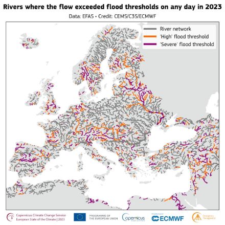 Image showing the european river network and the exceeded flood threshold