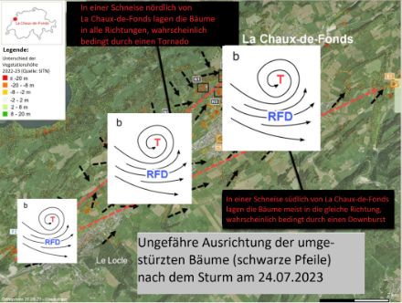 Abbildung 7: Überlagerung des konzeptionellen Schemas der Gewitterzelle mit den entsprechenden Schaden-Schneisen im Raum La Chaux-de-Fonds.