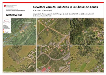 Abbildung 5: Schäden an der Nordflanke von La Chaux-de-Fonds. In der Karte oben links sind die Kartenausschnitte N1 bis N5 mit schwarzen Rechtecken markiert.