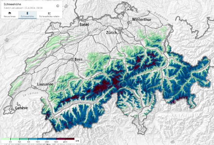 Schneehöhe am 25. April 2024 gemäss dem OSHD-Modellsystems des SLF, welches auf den Daten von diversen automatischen und manuellen Schneemessungen beruht. 