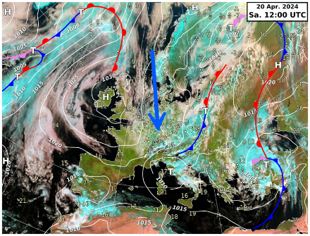 Satellitenbild mit Frontenkarte vom Samstag, 20. April. In den vergangenen Tagen befand sich der Alpenraum überwiegend im Zustrom von feuchter Polarluft, welche zwischen einem Hoch über den Britischen Inseln und einer Tiefdruckzone östlich davon Richtung Süden vorstossen konnte.