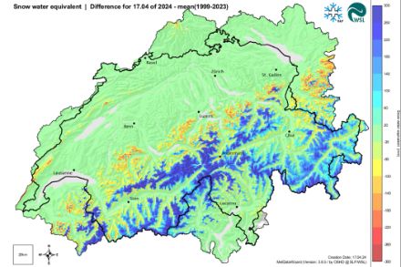 Abbildung 1: Differenz des Schneewasseräquivalents des aktuellen Winters im Vergleich zum langjährigen Mittelwert der Jahre 1999 bis heute (Karte: SLF)