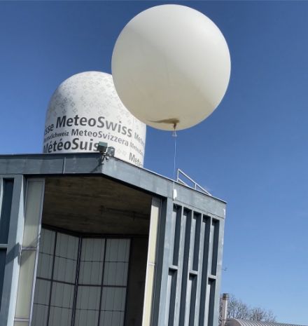  Die Radiosonden unter Test kurz nach dem Start unter dem gemeinsamen Ballon (Bildquelle: MeteoSchweiz). 