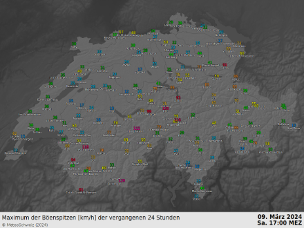Maximum der Böenspitzen der vergangenen 24 Stunden. SA, 09.03.2024, 17:00 MEZ