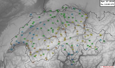 Maximale Böenspitze [km/h] bis 14 UTC (16 MESZ) an unseren SwissMetNet Stationen. 