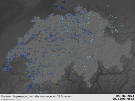 Niederschlagsmenge (24h) bis Sonntag 12 Uhr. Am meisten Niederschlag fiel im Unterwallis. Die Niederschläge auf der Alpensüdseite fielen bereits gestern Samstag.  