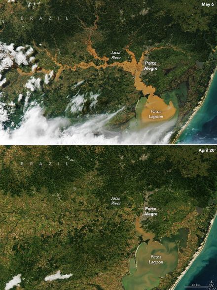 Zwei Satellitenbilder, auf dem oberen sind Überschwemmungen zu erkennen.