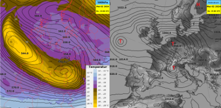 Geopotential- und Temperaturverteilung in 500 hPa (links) und Bodendruckfeld (rechts).
