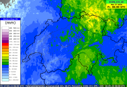 Median der 24-stündigen Niederschlagsprognose nach der ICON-CH1 Ensembleprognose bis zum Freitag, 17. Mai 2024, 8 Uhr. Quelle: MeteoSchweiz