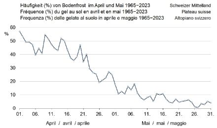 Grafik zur Häufigkeit von Bodenfrost im April und Mai zwischen 1965 und 2024 im Mittelland der Schweiz (Datenbasis sind die Stationen Genève-Cointrin, Payerne, Zürich-Kloten, jeweils Temperaturmessungen 5cm).